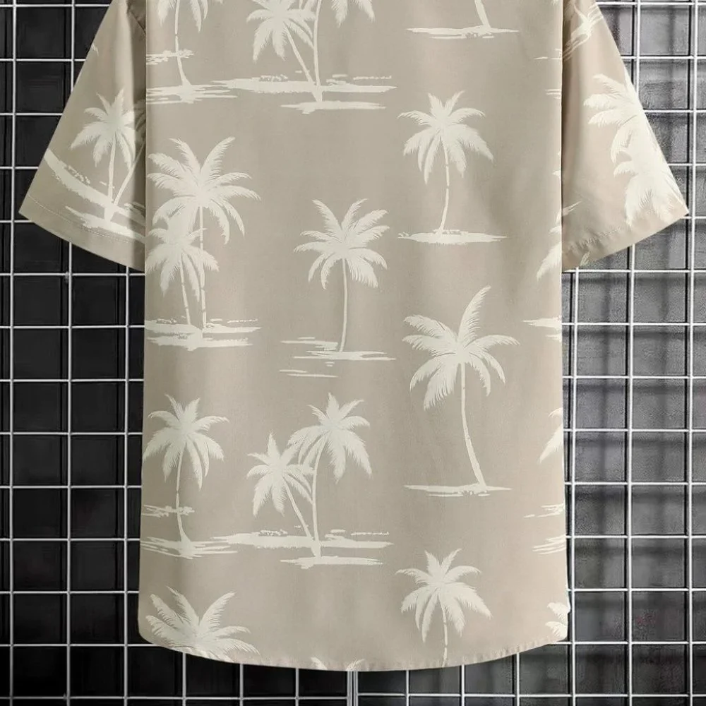 Khaki Vacation Style Men's Palm Print Shirt - Picture 4 of 6
